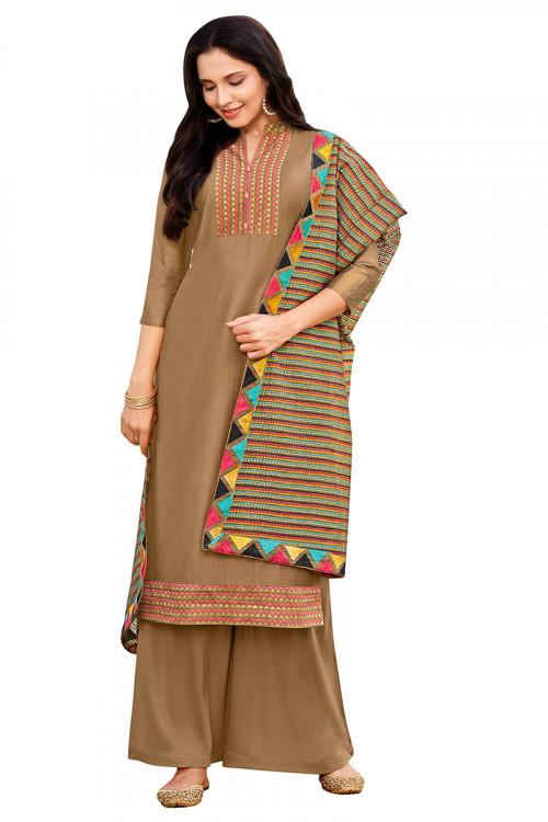Light Brown Patch Embroidered Casual Wear Palazzo Suit 