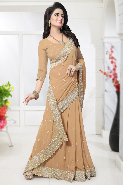 Light Brown Pearl Embroidered Georgette Saree For Sangeet 