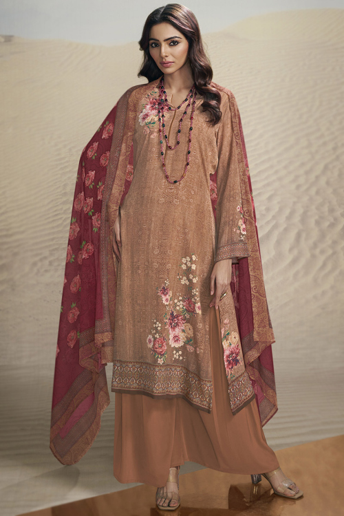 Light Brown Printed Crepe Palazzo Salwar Kameez