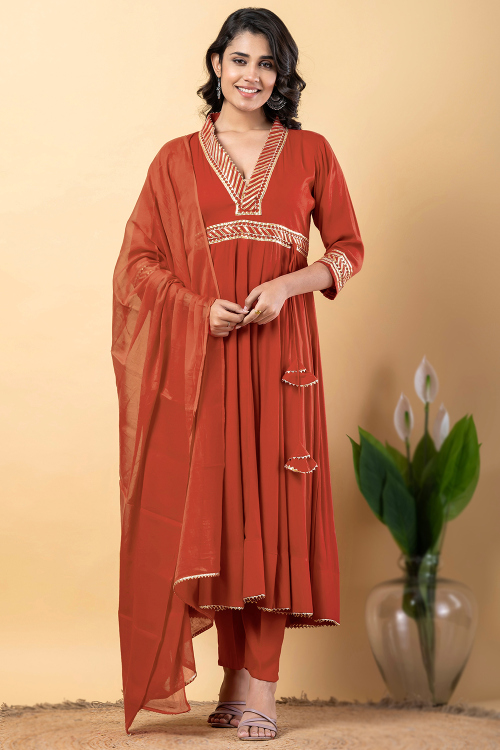 Light Brown Rayon Anarkali Suit With Gota Patti Work 