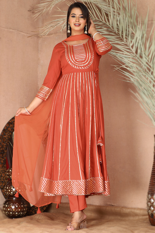 Light Brown Rayon Embroidered Gota Patti Anarkali Suit