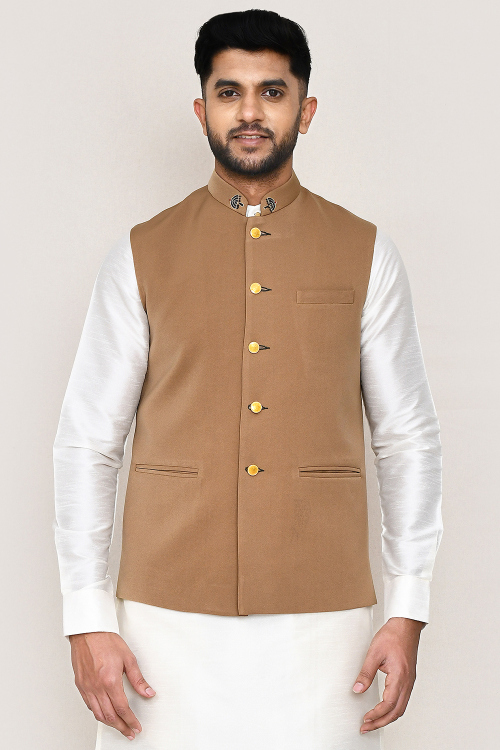 Light Brown Rayon Embroidered Men's Waist Coat 