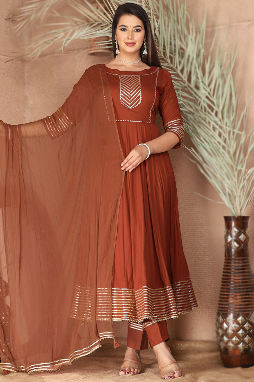 Light Brown Rayon Gota Patti Embroidered Anarkali Suit