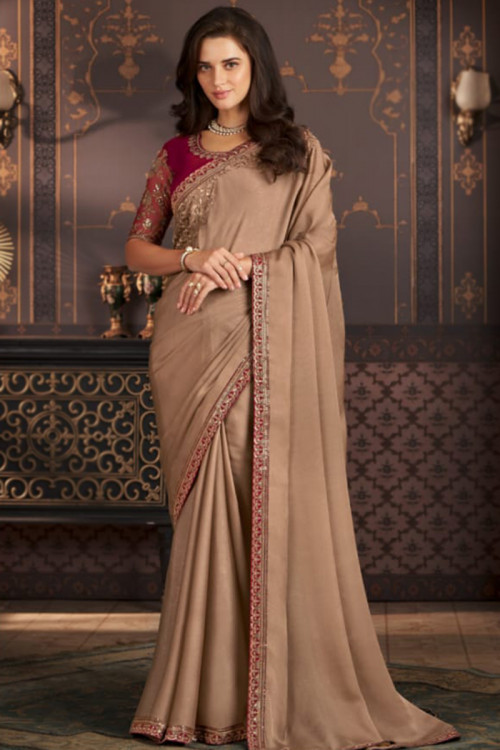 Light Brown Sequins Embroidered Wedding Wear Silk Saree 