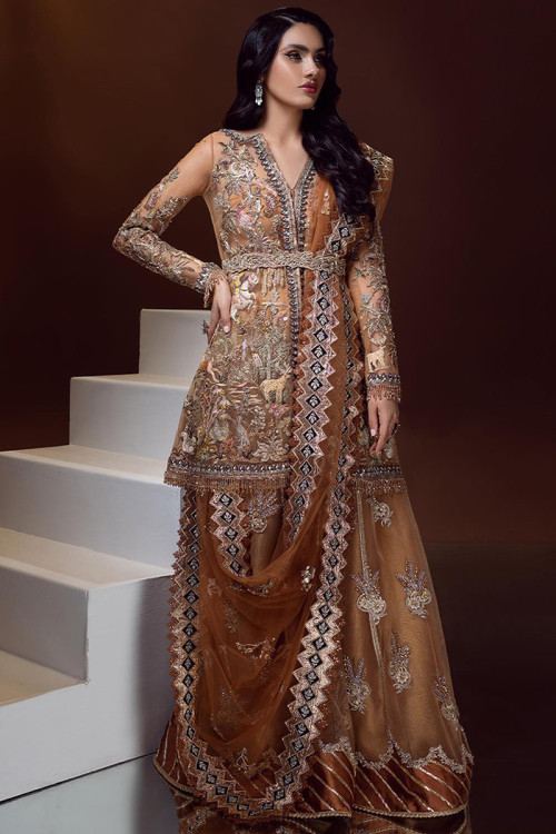 Light Brown Shiny Net Embroidered Sharara Suit