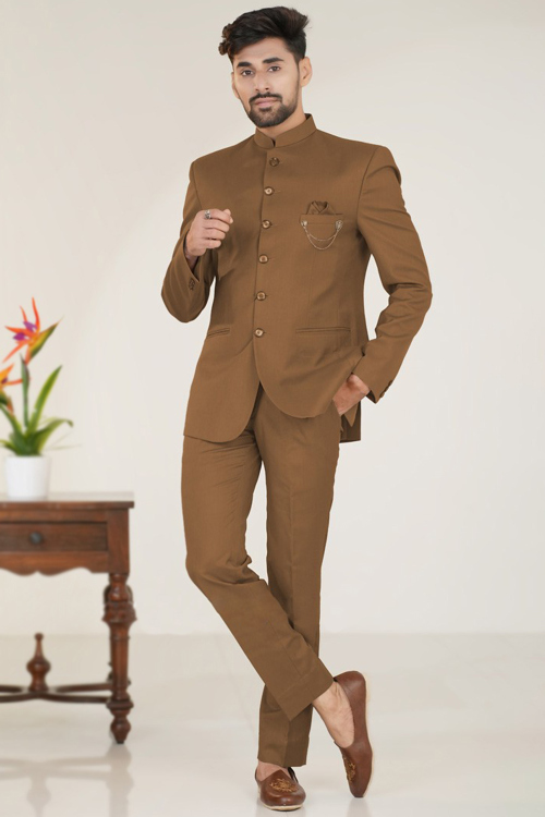 Light Brown Silk Plain Jodhpuri Style Men's Sherwani 