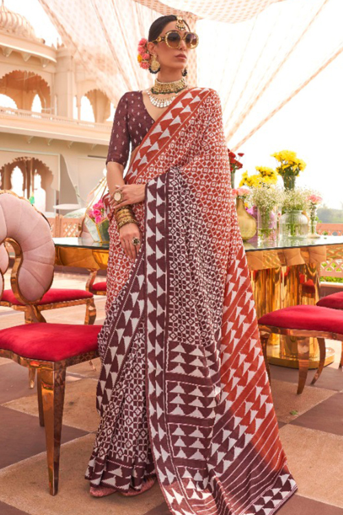 Light Brown Silk Printed Half And Half Casual Wear Saree 