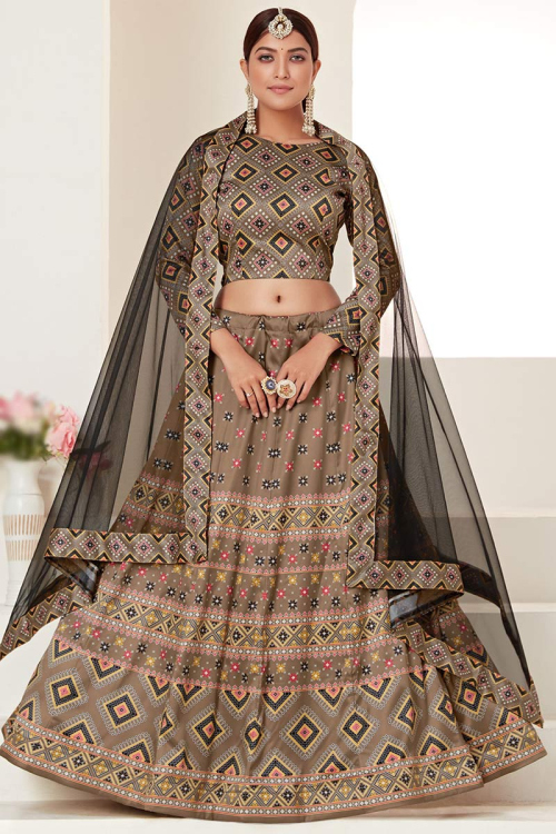 Light Brown Silk Printed Lehenga