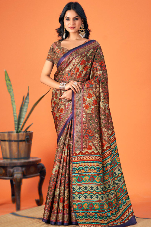 Light Brown Silk Saree with Sweetheart Neck Blouse in Printed Work