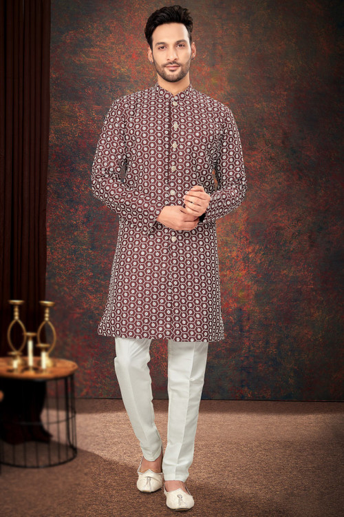 Light Brown Silk Sequins Embroidered Traditional Men's Sherwani