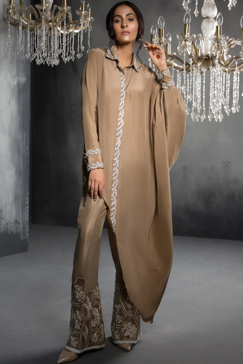Light Brown Soft Silk Embroidered Straight Pant Suit