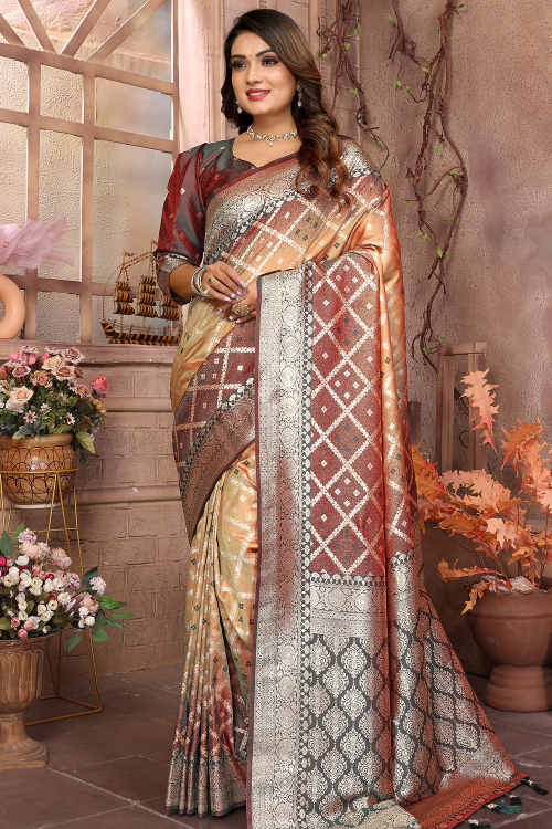 Light Brown Soft Silk Saree With Weaved Work For Festival