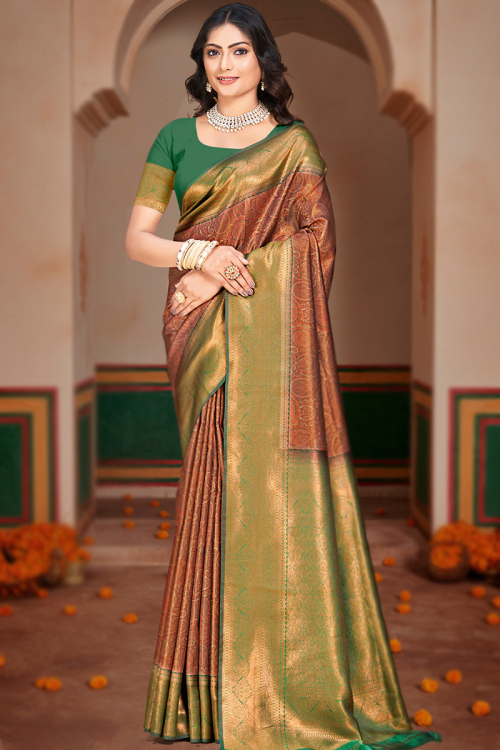 Light Brown Weaved Zari Broad Border Silk Saree 