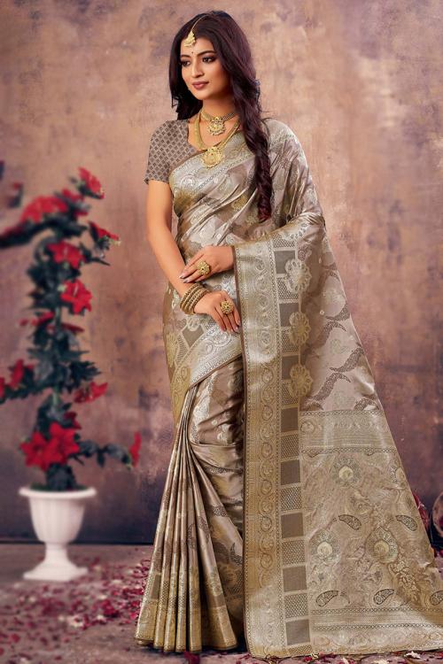 Light Brown Zari Weaved Silk Banarasi Saree 