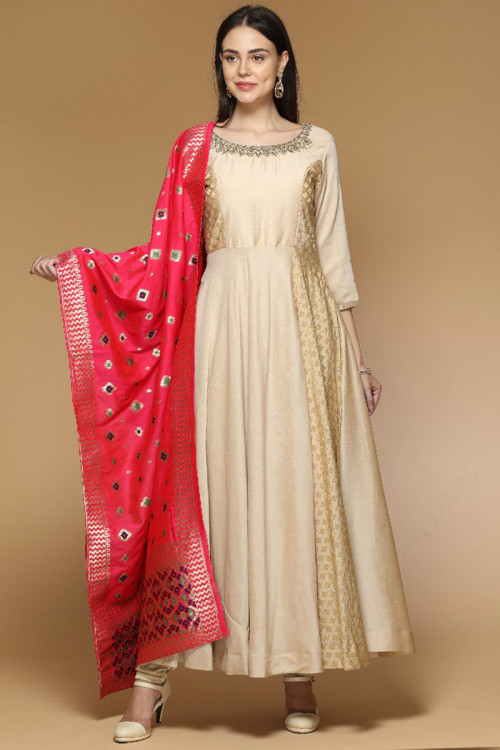 Light Cream Silk Embroidered Anarkali Suit