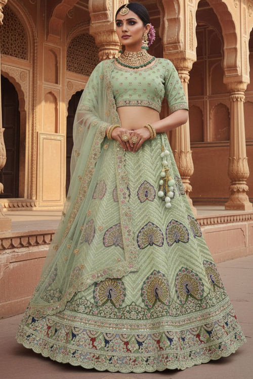 Light Green Art Silk A Line Lehenga With Sequins Work For Festival