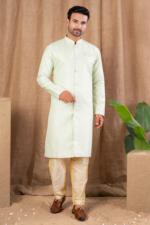 Light Green Art Silk Men's Kurta Pajama With Weaved Zari Work