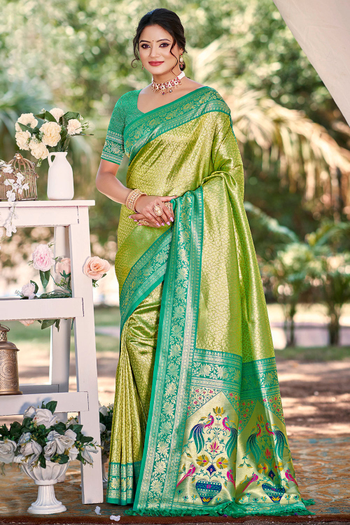 Light Green Art Silk Saree With Weaved Work For Mehndi