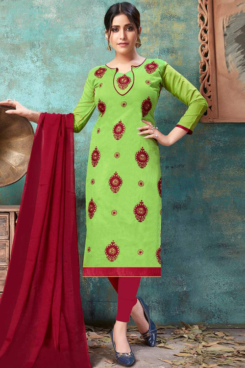 Light Green Chanderi Cotton Embroidered Churidar Suit