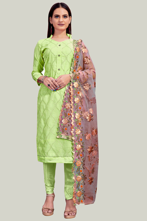 Light Green Chanderi Straight Cut Churidar Suit