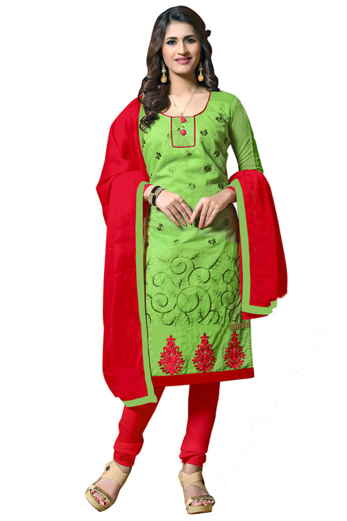 Light Green Cotton Embroidered Churidar Suit