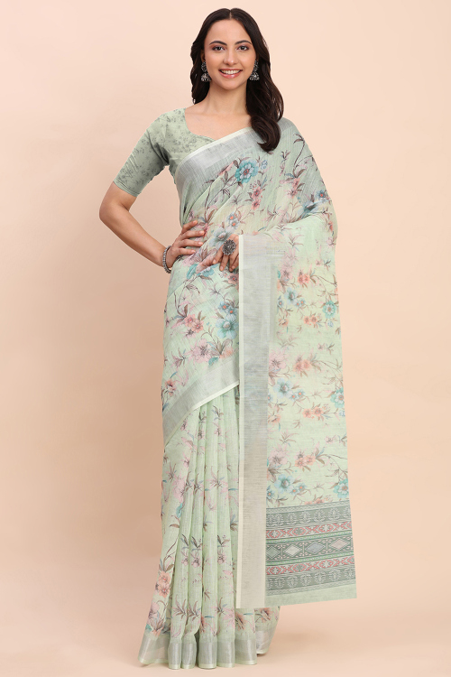 Light Green Cotton Saree With Printed Work For Casual Wear