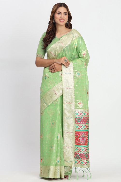 Light Green Cotton Weaved Board Boader Saree 