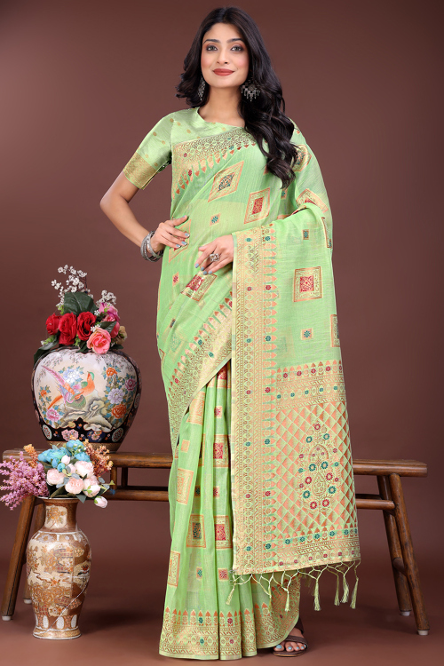 Light Green Cotton Woven Zari Regional Saree