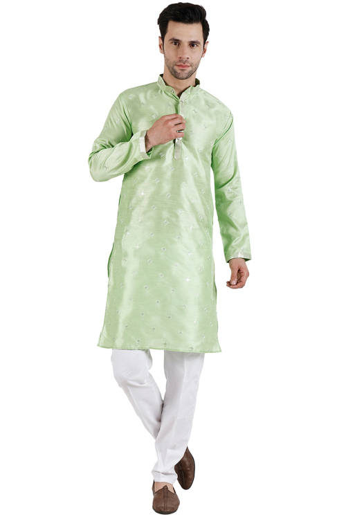 Light Green Embroidered Cotton Silk Men's Kurta Pajama
