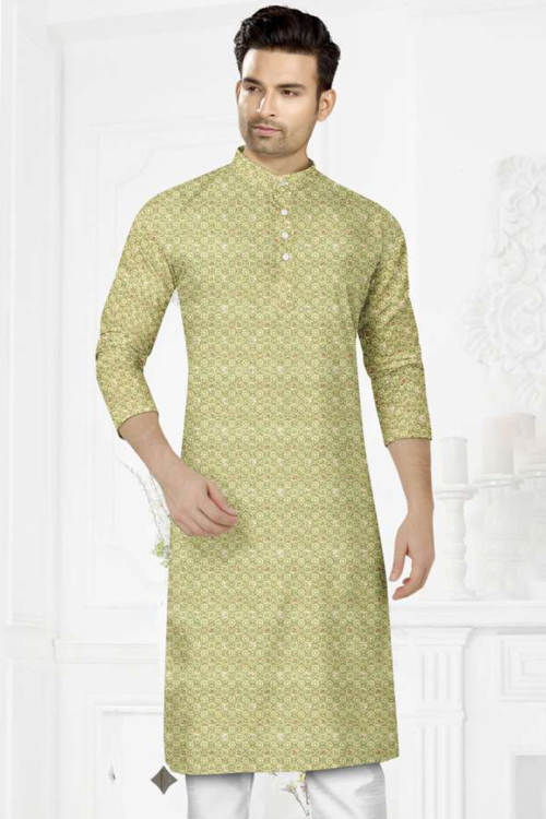 Light Green Embroidered Cotton Straight Cut Men's Kurta Pajama