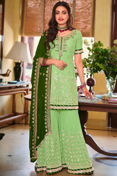 Aqua Green Embellished Mirror Embroidery Fancy Sharara Suit For Weddin –  Apparel Designer