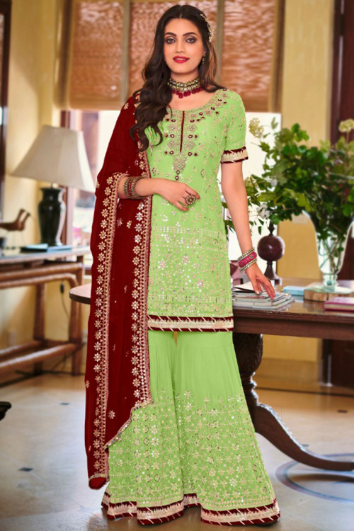 Light Green Georgette Fancy Embroidered Sharara Suit