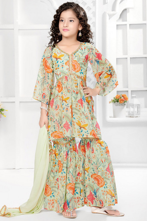 Light Green Georgette Printed Girl's Sharara Suit