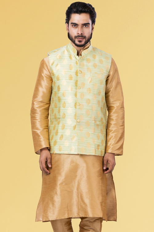 Light Green Jacquard Woven Zari Men's Waist Coat