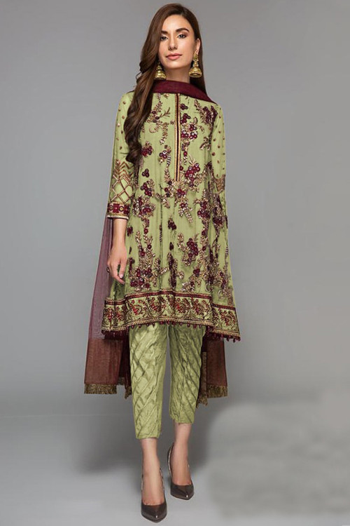 Light Green Net Frock Style Trouser Suit For Eid LSTV09567