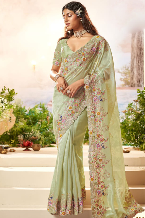 Light Green Organza Saree with Sequins & Dori Embroidery