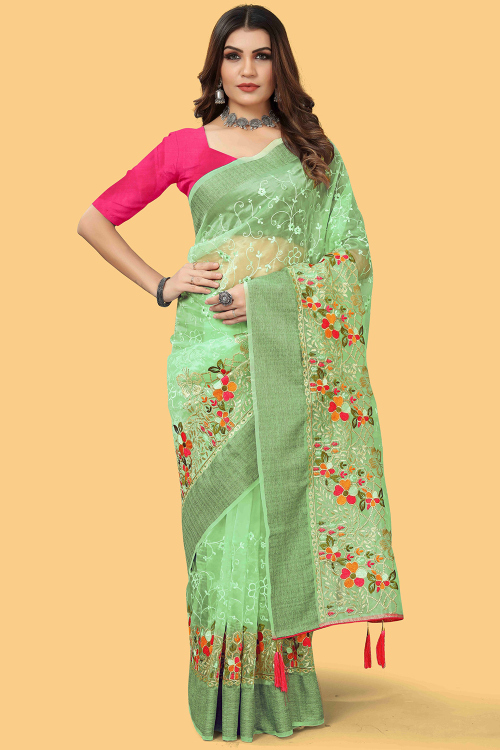 Light Green Organza Embroidered Light Weight Saree 
