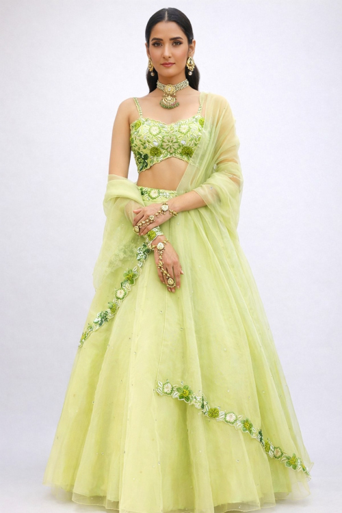 Light Green Organza Lehenga with Cutdana &amp; Mirror Work For Mehendi