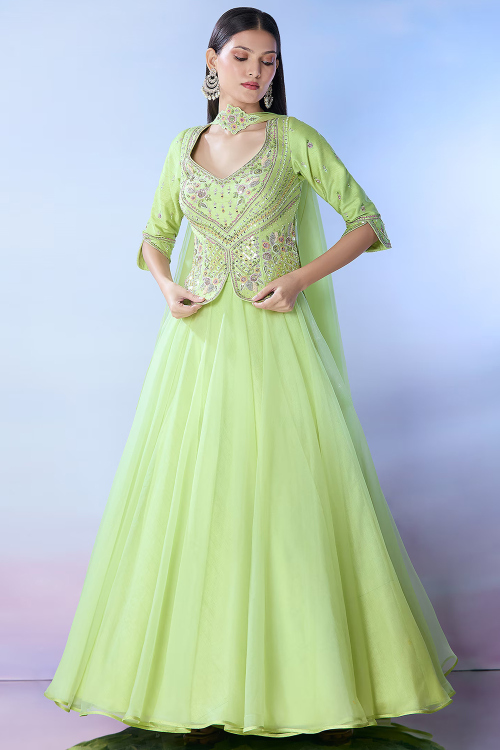 Light Green Organza Lehenga with Resham Embroidered for Mehendi