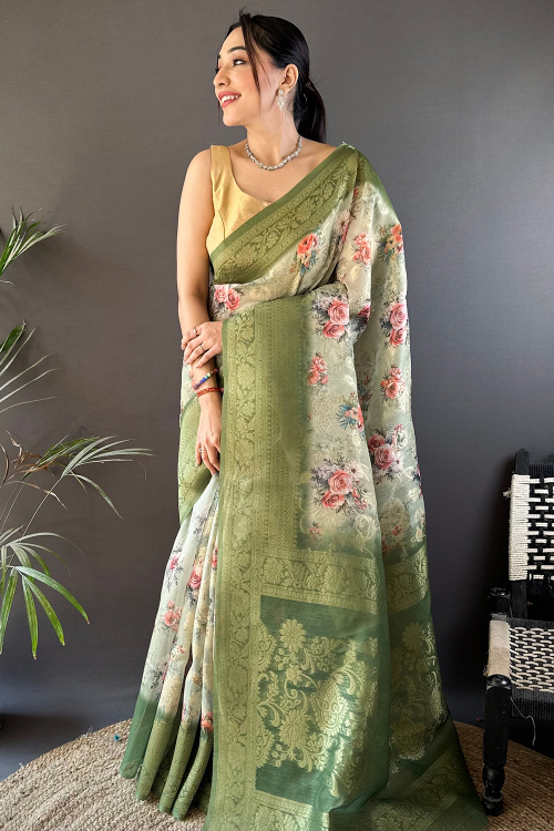 Light Green Organza Printed Saree For Festival