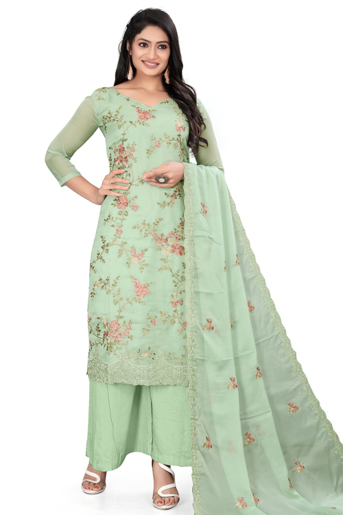 Light Green Organza Resham Embroidered Palazzo Salwar Suit