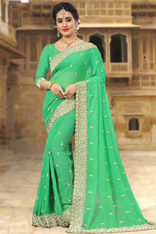 Light Green Pearl Embroidered Georgette Saree For Mehndi 