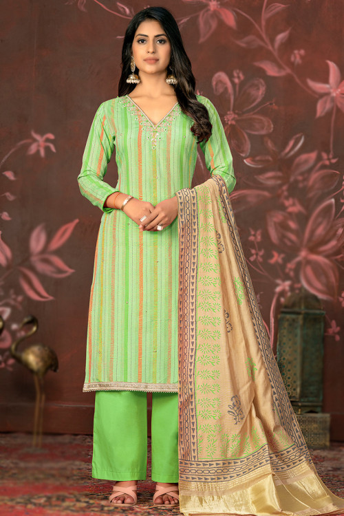 Light Green Printed Cotton Straight Cut Suit