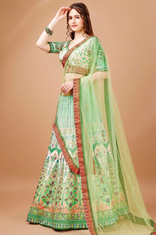 Light Green Printed Satin Silk Panelled Style Lehenga