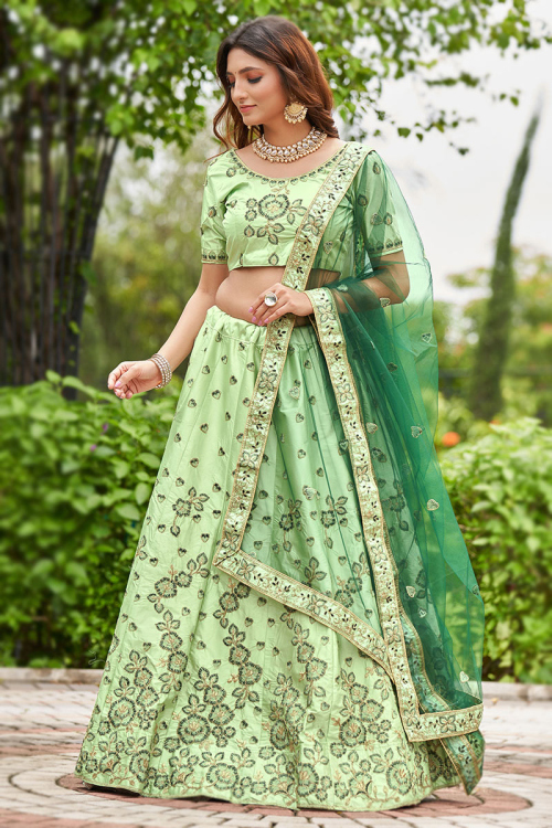 Light Green Satin Silk Embroidered Panelled Style Lehenga