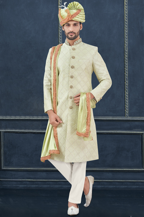 Light Green Silk Blend Embroidered Jacket Style Men's Sherwani