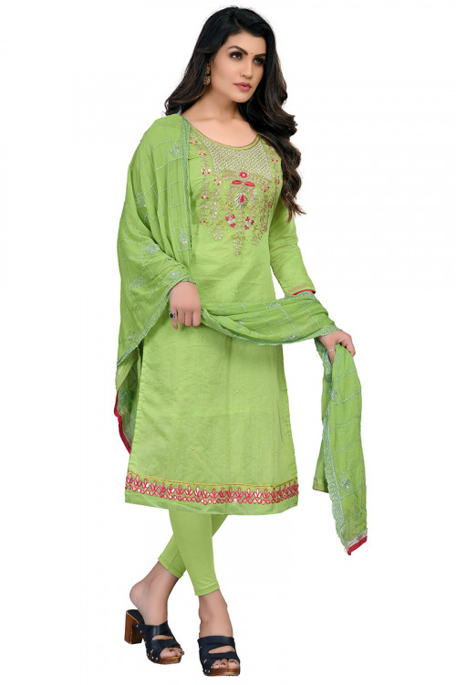 Light Green Silk Embroidered Straight Cut Legging Suit 