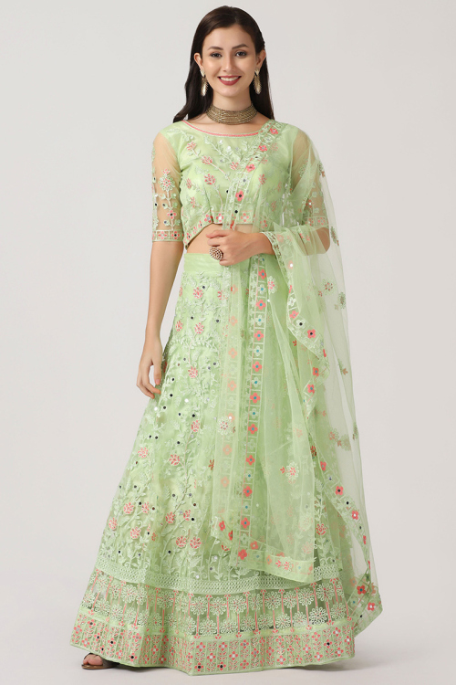 Light Green Stone Embellished Net Panelled Style Lehenga