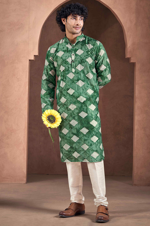 Light Green Viscose Printed Straight Cut Men's Kurta Pajama