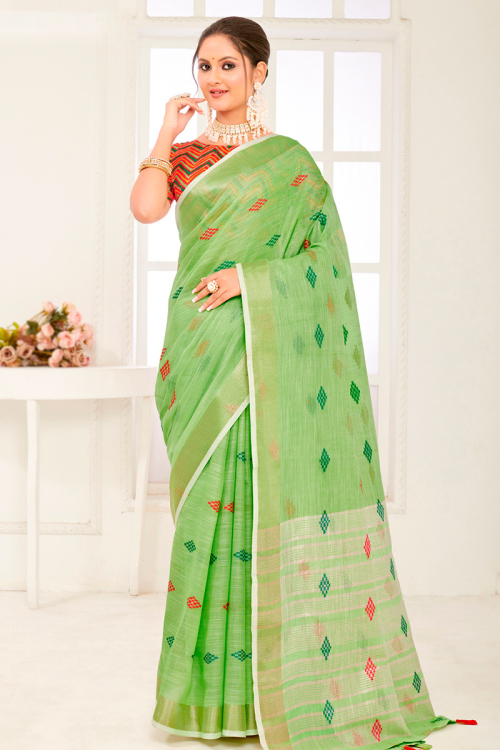 Light Green Woven Zari Linen Light Weight Saree 